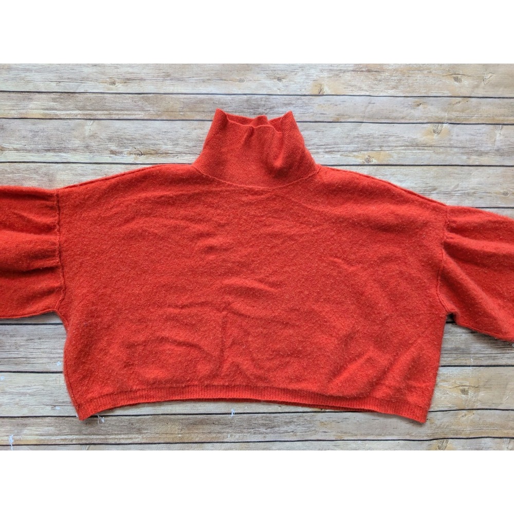 Free People Sweater Women M 100% Cashmere Orange Balloon Sleeve Turtleneck